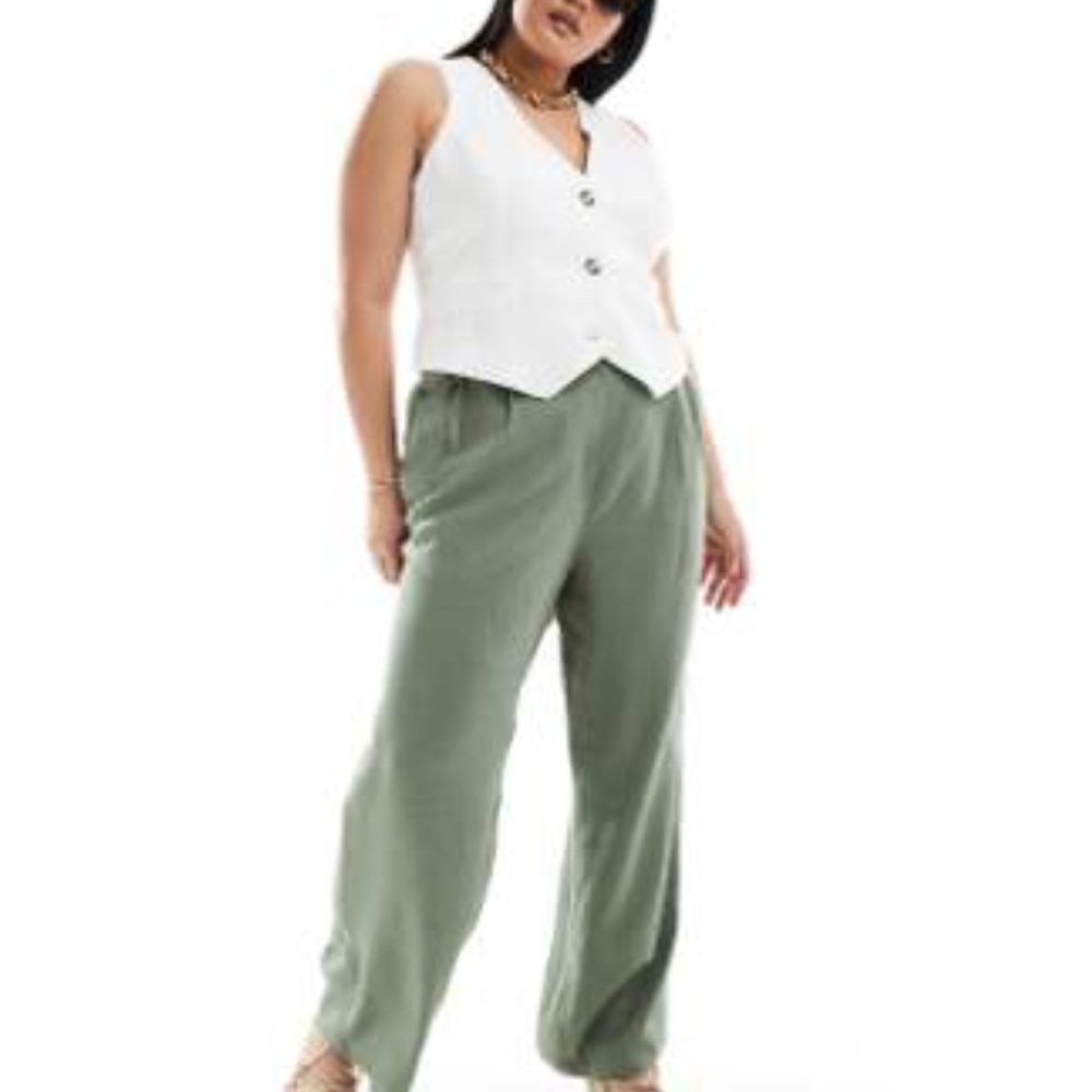 ASOS DESIGN CURVE - High Waisted Linen Mix Pants, Sage Green